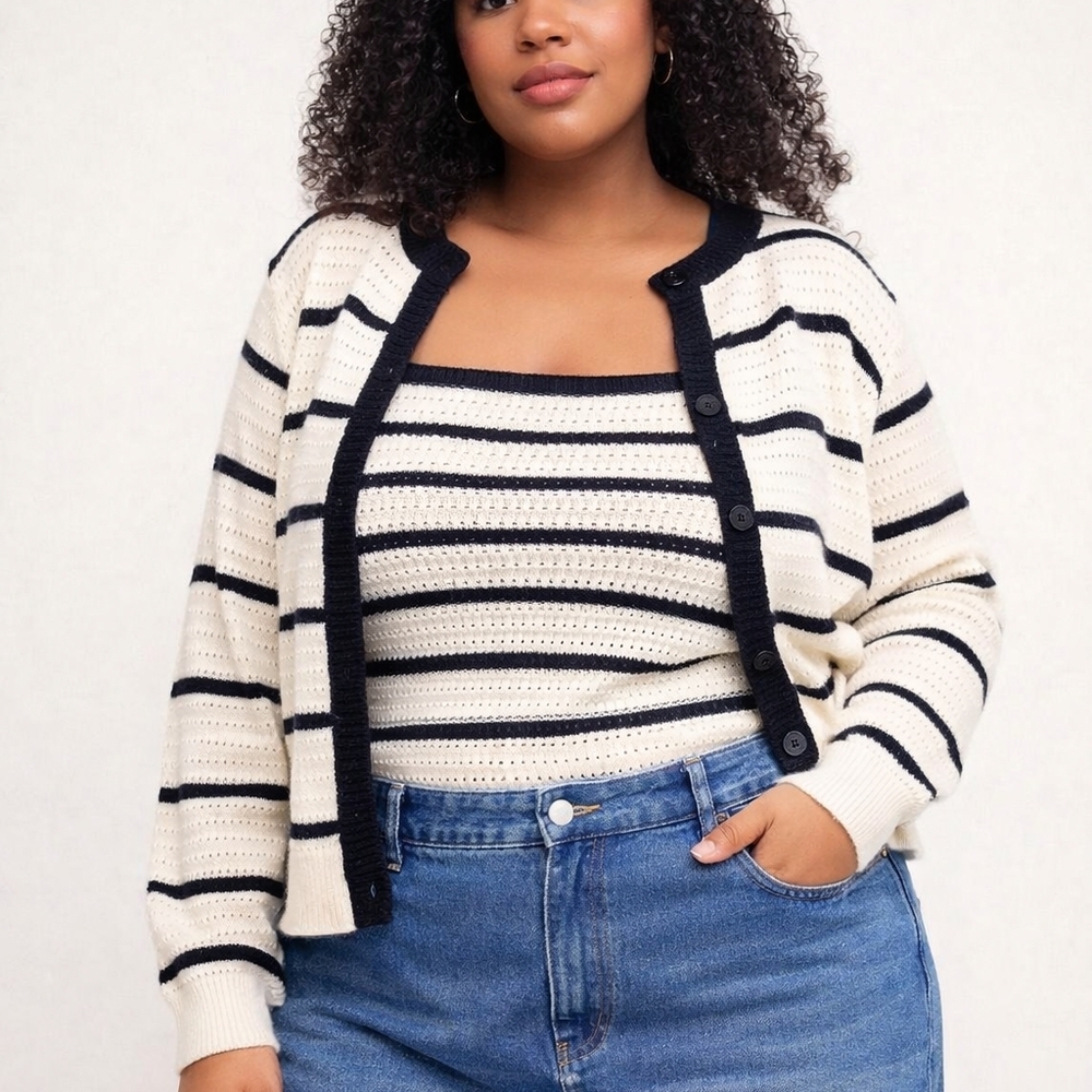 Cider Striped Knit Cardigan & Tank Sweater Set 3X Cream Black NWT - Picture 2 of 2